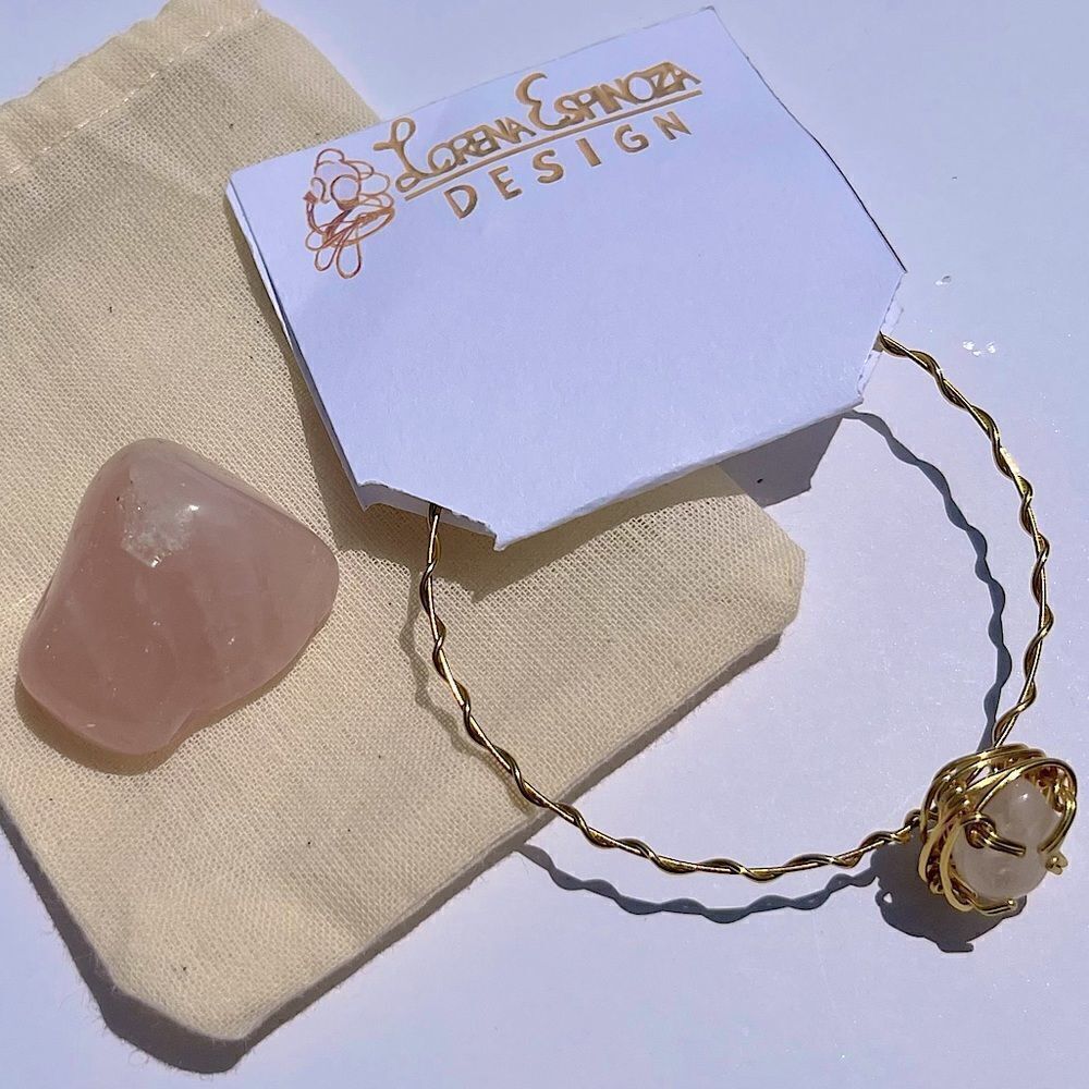ROSE QUARTZ PALM STONE & MATCHING WIREWRAPPED GEMSTONE BRACELET SET